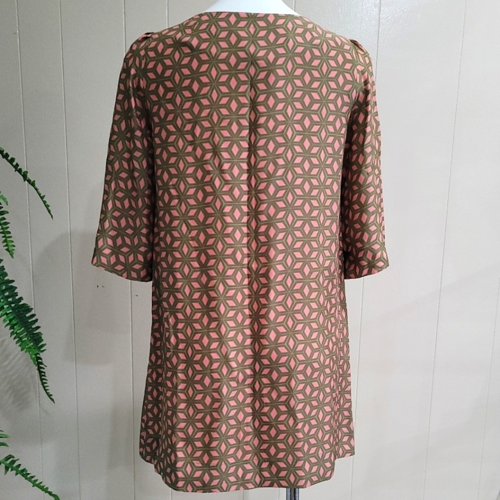 New Fossil Green/Pink Geometric Print Mini Dress 3/4 Sleeve Mod Tunic Sz Small - Picture 3 of 9